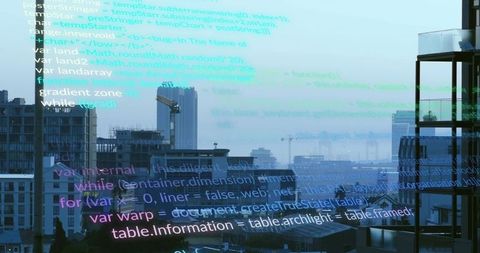 Urban Tech Overlay Featuring Programming Code Projected Over Rooftops and Construction Cranes at Dus