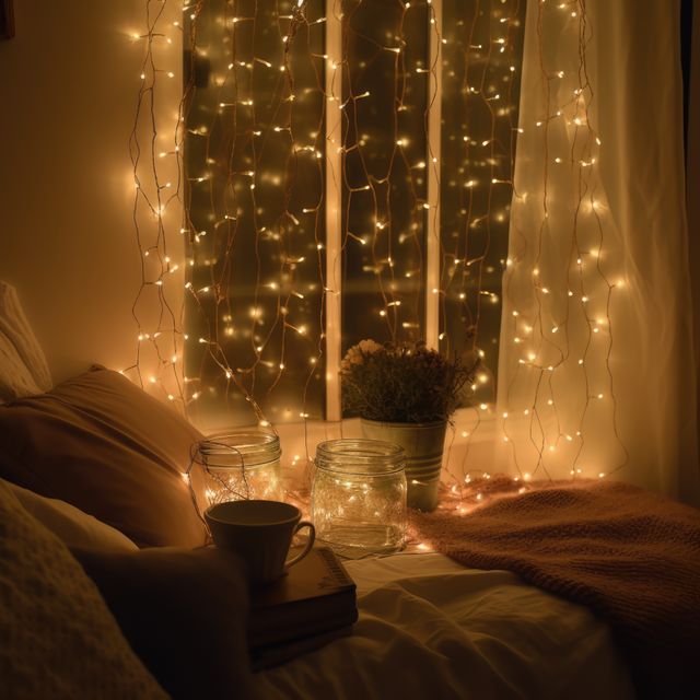Bedroom decorated with strings of fairy lights, created using generative ai technology. Lighting, interior design and home decor concept digitally generated image.