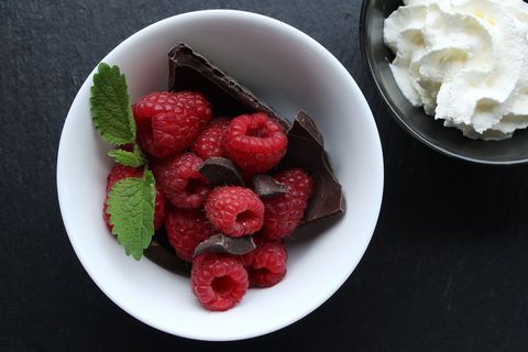 Raspberry and Dark Chocolate Bowl Garnished with Mint and Whipped Cream for Dessert
