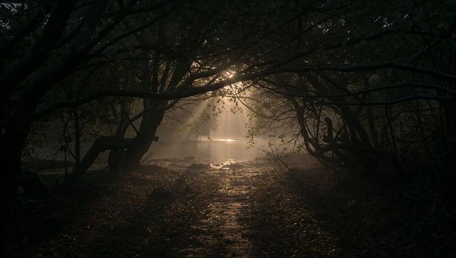 Sunlit woodland tunnel: leaf-strewn path leading to misty pond with golden sunbeams