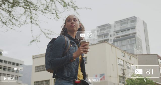 Young Woman Holding Coffee Cup, Checking Notifications Outdoors - Download Free Stock Images Pikwizard.com