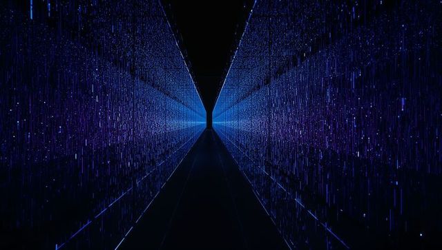 Glowing neon corridor receding toward central light in mirrored futuristic data tunnel