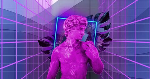 Futuristic sculpture with neon and geometric accents