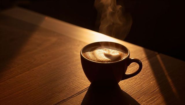 Steaming Latte with Heart Foam Sitting in Sunlit Ceramic Mug on Wooden Table