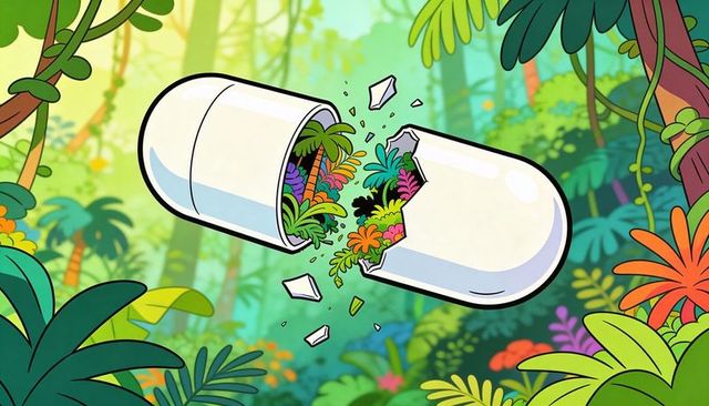 Breaking capsule releasing tropical miniature jungle with vibrant palms and flowers