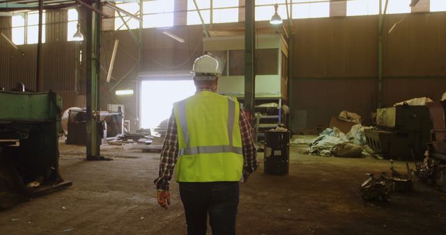 Worker wearing high visibility vest and hard hat is inspecting an industrial warehouse interior. The scene shows various machinery and equipment in dim lighting, emphasizing safety and maintenance protocols. Suitable for use in articles about workplace safety, industrial inspections, manufacturing processes, or stock imagery for safety training materials.