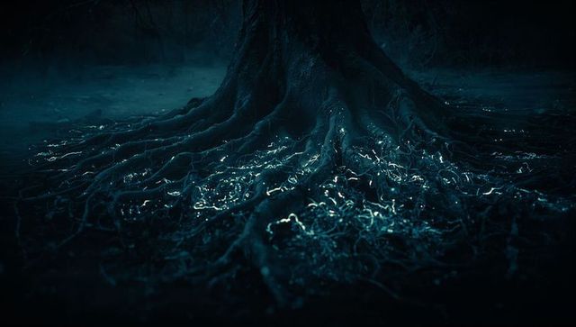 Magical blue-glowing tree roots at night in mystical forest