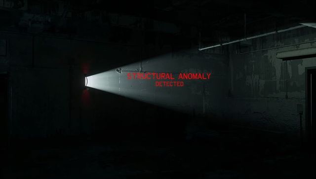 Projector casting red 'structural anomaly detected' warning across industrial basement