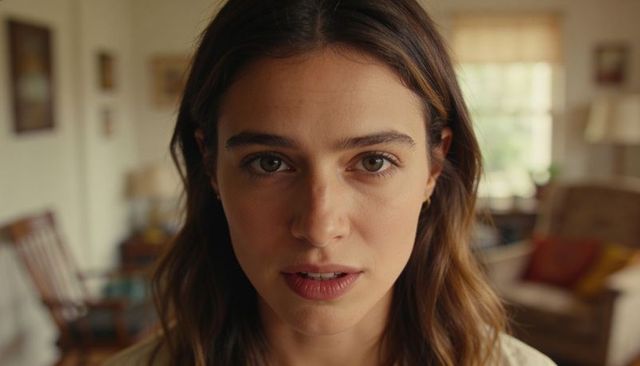 Intimate closeup of young woman looking into camera with calm expression and warm home