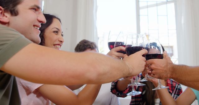 Friends toasting with red wine at a casual gathering - Download Free Stock Images Pikwizard.com