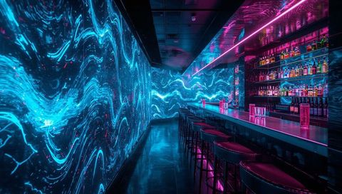 Neon Cyberpunk Bar Featuring Animated LED Wall, Reflective Counter, High Stools, Futuristic Lighting