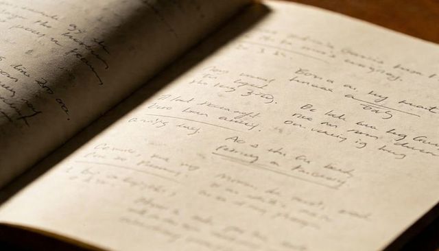 Open vintage notebook showing cursive notes under warm lamp light