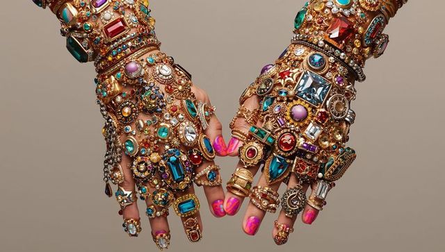 Opulent bejeweled hands wearing layered gold gemstone rings, cuffs and bright pink manicure