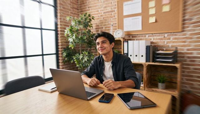 Young professional working in modern loft office with laptop, smartphone, tablet, greenery