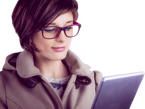 Transparent Woman with Glasses Using Tablet Casual Attire