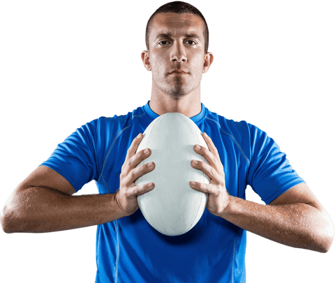 Transparent athlete holding rugby ball with blue kit