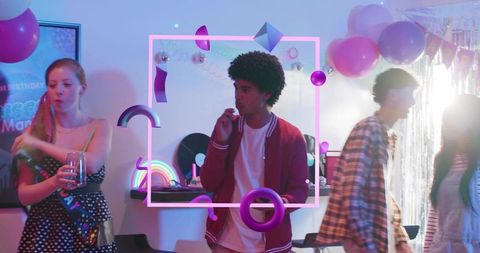 Retro neon house party young man in red jacket enjoying snack with vinyl records and balloons