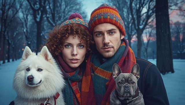 Happy Couple Smiling, Cuddling Dogs in Winter Wonderland