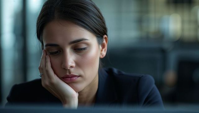 Contemplative professional woman resting cheek on hand, gazing down at laptop in office
