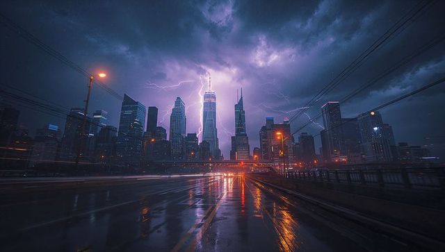 Misty Night Cityscape with Striking Lightning on Skyscraper