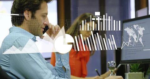 Business professionals multitasking on phone and computer with digital analytics overlay