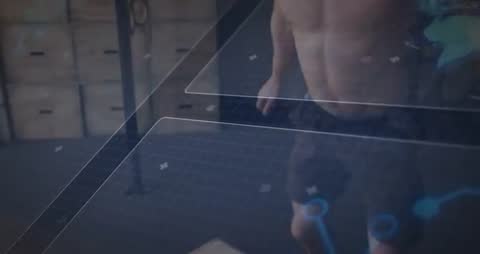Athlete performing plyo box jump with augmented reality HUD tracking fitness metrics