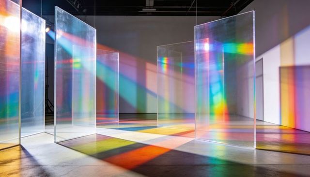 Prismatic acrylic panels casting rainbow light in minimalist gallery installation