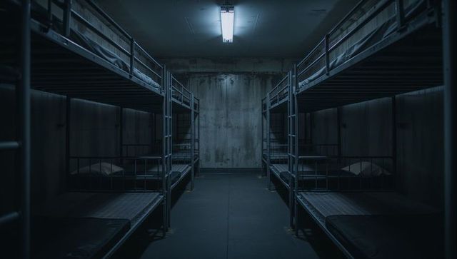 Stark Industrial Bunk Room with Metal Beds Minimalist Interior