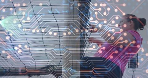 Woman Climbing Cargo Net in Gym with Circuit Board Overlay