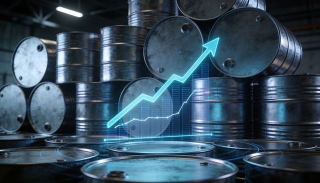 Stacking metal barrels projecting rising holographic oil price chart in industrial warehouse