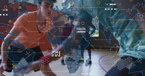 Athletes training indoors with augmented reality performance overlay and global analytics