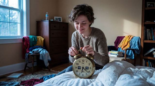Student adjusting vintage brass alarm clock on cozy bed morning routine and study prep