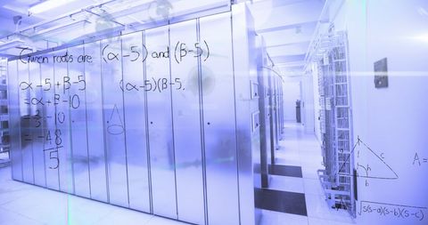 Futuristic Server Room with Mathematical Overlay Illustrating Data Technologies