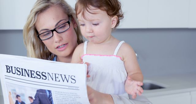 This image depicts a woman balancing her roles as a professional and a mother by reading a business newspaper while holding her toddler in a kitchen. Ideal for articles and advertisements on work-life balance, parenting, multitasking in family life, or portraying modern working mothers.