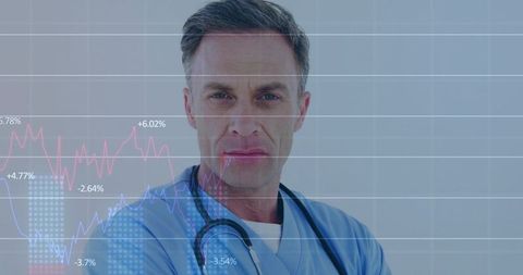 Physician analyzing medical analytics overlay with graphs and metrics stethoscope portrait
