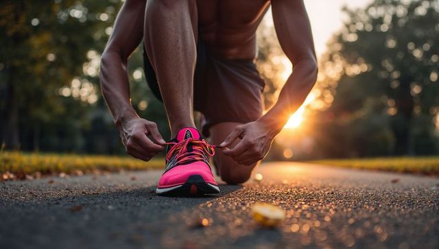Kneeling runner tying bright pink sneaker on sunlit park path at golden hour for training