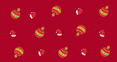 Festive Christmas Hats and Baubles Pattern on Red Background