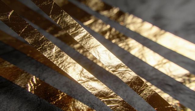Crinkled gold foil strips on dark grey textured surface, luxury metallic close-up