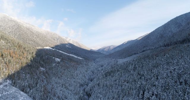A winter landscape showcases a valley blanketed in snow with evergreen trees dusted in white, nestled between rolling mountain ranges. The serene beauty of the snow-covered wilderness evokes a sense of tranquility and the majesty of nature in its winter attire.