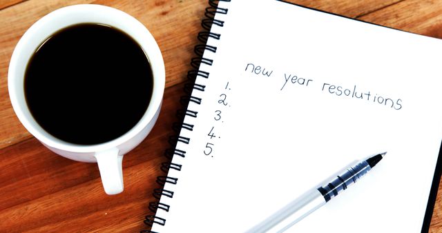 Image showcases a New Year resolutions list with a pen and coffee cup placed on a wooden table. Ideal for content related to goal setting, self-improvement, planning for the new year, and motivational articles. Suitable for blogs, social media posts, and articles on personal growth.