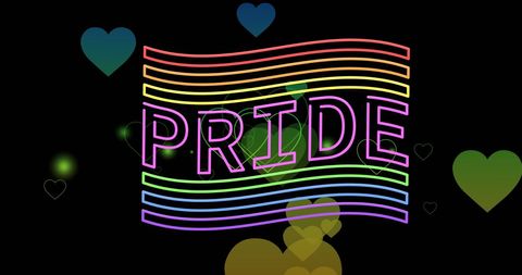 Vibrant pride graphic with rainbow hearts and text