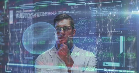 Doctor Analyzing Advanced Data Graphics and Virtual Virus Models