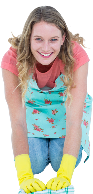 Smiling Woman in Yellow Gloves Cleaning Floor Transparent Background - Download Free Stock Videos Pikwizard.com