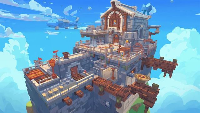 Levitating stone fortress with wooden walkways and airship landing pad, low poly fantasy