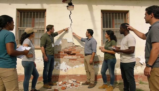 Inspection team examining vertical wall crack exposing brickwork during structural assessment