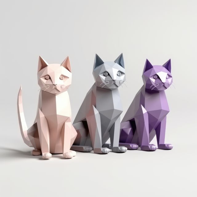Close up of origami figures of cats on white background, created using generative ai technology. Origami, art and japanese tradition concept digitally generated image.