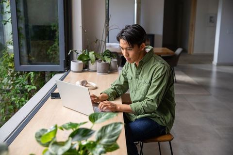 Asian man working remotely on laptop at bright home counter with plants and natural light