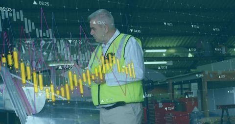 Senior mechanic with data overlay examines engine bay in garage