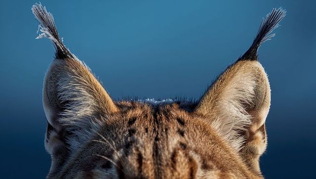 Frost-covered lynx ear tufts closeup on deep blue dawn gradient