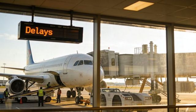 Ground crew preparing narrow-body jet at gate with delays sign
